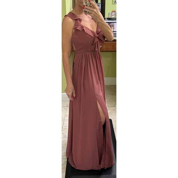 Revelry bridesmaid 2 mauve dusty rose maxi formal dress v neck chiffon flutter - Picture 5 of 11